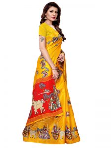 Matki Yellow Khadi Silk Printed Kalamkaari Sarees With Blouse