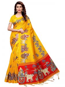 Matki Yellow Khadi Silk Printed Kalamkaari Sarees With Blouse