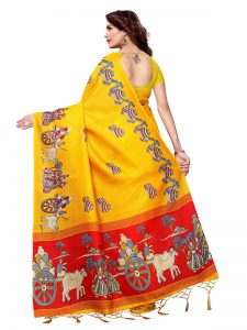 Matki Yellow Khadi Silk Printed Kalamkaari Sarees With Blouse