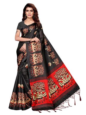 Morni Black Khadi Silk Printed Kalamkaari Sarees With Blouse