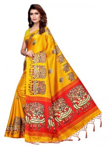 Morni Yellow Khadi Silk Printed Kalamkaari Sarees With Blouse