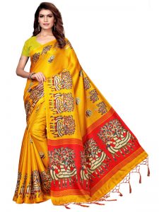 Morni Yellow Khadi Silk Printed Kalamkaari Sarees With Blouse