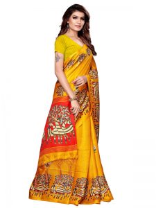 Morni Yellow Khadi Silk Printed Kalamkaari Sarees With Blouse