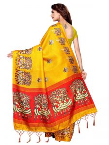 Morni Yellow Khadi Silk Printed Kalamkaari Sarees With Blouse