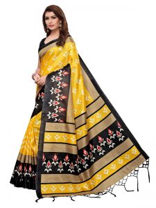 Priya Yellow Khadi Silk Printed Kalamkaari Sarees With Blouse