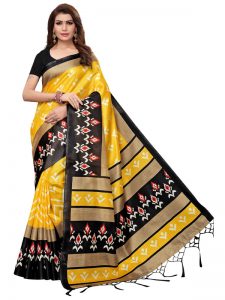 Priya Yellow Khadi Silk Printed Kalamkaari Sarees With Blouse