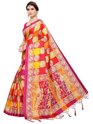 Radha Checks Pink Khadi Silk Printed Kalamkaari Sarees With Blouse