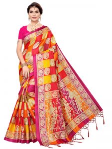 Radha Checks Pink Khadi Silk Printed Kalamkaari Sarees With Blouse