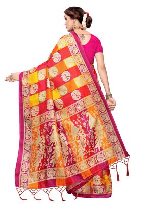 Radha Checks Pink Khadi Silk Printed Kalamkaari Sarees With Blouse