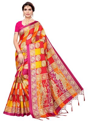 Radha Checks Pink Khadi Silk Printed Kalamkaari Sarees With Blouse