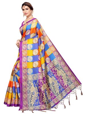 Radha Checks Purple Khadi Silk Printed Kalamkaari Sarees With Blouse