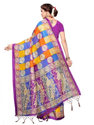 Radha Checks Purple Khadi Silk Printed Kalamkaari Sarees With Blouse