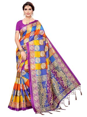 Radha Checks Purple Khadi Silk Printed Kalamkaari Sarees With Blouse