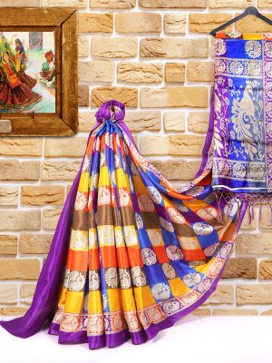 Radha Checks Purple Khadi Silk Printed Kalamkaari Sarees With Blouse