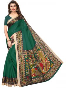 Sanedo Green Khadi Silk Printed Kalamkaari Sarees With Blouse