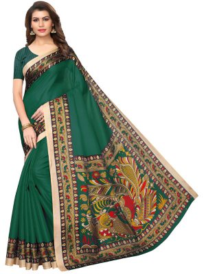 Sanedo Green Khadi Silk Printed Kalamkaari Sarees With Blouse