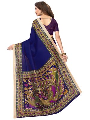 Sanedo Navy Khadi Silk Printed Kalamkaari Sarees With Blouse