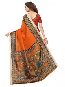 Sanedo Orange Khadi Silk Printed Kalamkaari Sarees With Blouse