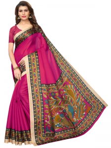 Sanedo Pink Khadi Silk Printed Kalamkaari Sarees With Blouse