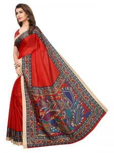 Sanedo Red Khadi Silk Printed Kalamkaari Sarees With Blouse