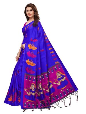 Shabri Blue Khadi Silk Printed Kalamkaari Sarees With Blouse