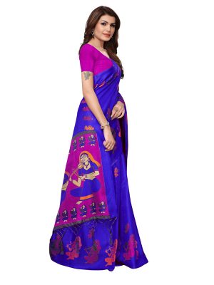 Shabri Blue Khadi Silk Printed Kalamkaari Sarees With Blouse