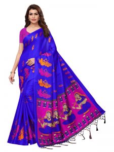 Shabri Blue Khadi Silk Printed Kalamkaari Sarees With Blouse