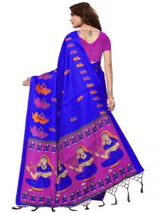 Shabri Blue Khadi Silk Printed Kalamkaari Sarees With Blouse