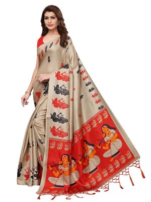 Shabri Chiku Khadi Silk Printed Kalamkaari Sarees With Blouse