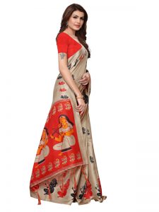 Shabri Chiku Khadi Silk Printed Kalamkaari Sarees With Blouse