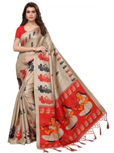 Shabri Chiku Khadi Silk Printed Kalamkaari Sarees With Blouse