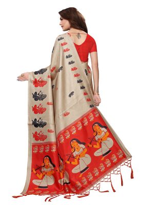 Shabri Chiku Khadi Silk Printed Kalamkaari Sarees With Blouse