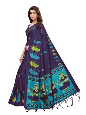 Shabri Navy Khadi Silk Printed Kalamkaari Sarees With Blouse