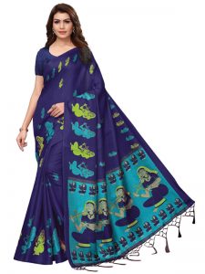 Shabri Navy Khadi Silk Printed Kalamkaari Sarees With Blouse