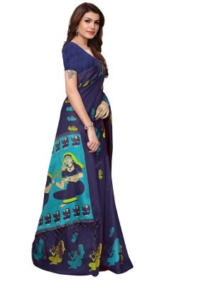 Shabri Navy Khadi Silk Printed Kalamkaari Sarees With Blouse