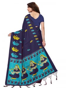 Shabri Navy Khadi Silk Printed Kalamkaari Sarees With Blouse