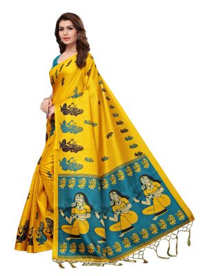 Shabri Yellow Khadi Silk Printed Kalamkaari Sarees With Blouse