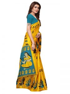 Shabri Yellow Khadi Silk Printed Kalamkaari Sarees With Blouse