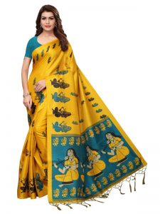 Shabri Yellow Khadi Silk Printed Kalamkaari Sarees With Blouse