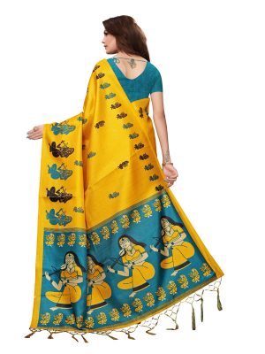 Shabri Yellow Khadi Silk Printed Kalamkaari Sarees With Blouse