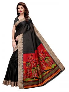 Siddhi Black Khadi Silk Printed Kalamkaari Sarees With Blouse