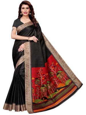 Siddhi Black Khadi Silk Printed Kalamkaari Sarees With Blouse