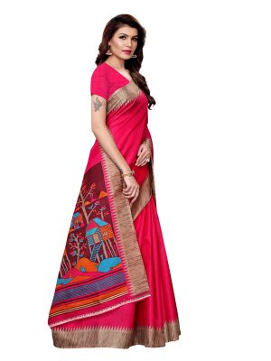 Siddhi Pink Khadi Silk Printed Kalamkaari Sarees With Blouse