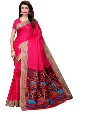 Siddhi Pink Khadi Silk Printed Kalamkaari Sarees With Blouse