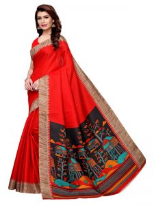 Siddhi Red Khadi Silk Printed Kalamkaari Sarees With Blouse