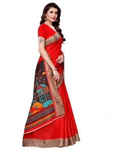 Siddhi Red Khadi Silk Printed Kalamkaari Sarees With Blouse