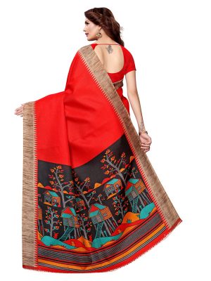 Siddhi Red Khadi Silk Printed Kalamkaari Sarees With Blouse