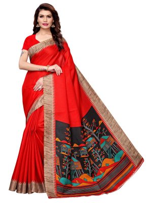 Siddhi Red Khadi Silk Printed Kalamkaari Sarees With Blouse