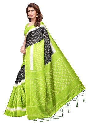 Snap Mehendi Khadi Silk Printed Kalamkaari Sarees With Blouse