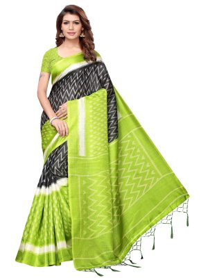 Snap Mehendi Khadi Silk Printed Kalamkaari Sarees With Blouse